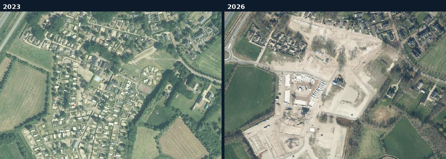 Luchtfoto van een bouwlocatie in Ermelo in 2023 en 2026