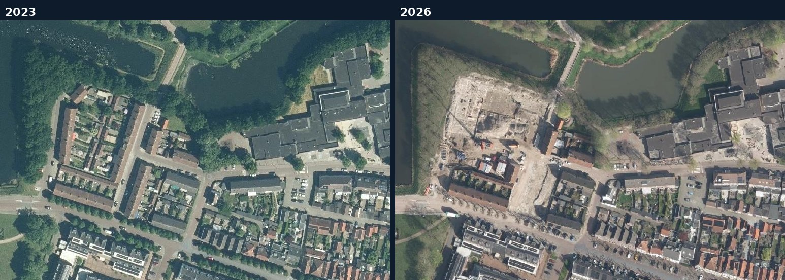 Luchtfoto van een bouwlocatie in Geertruidenberg in 2023 en 2026