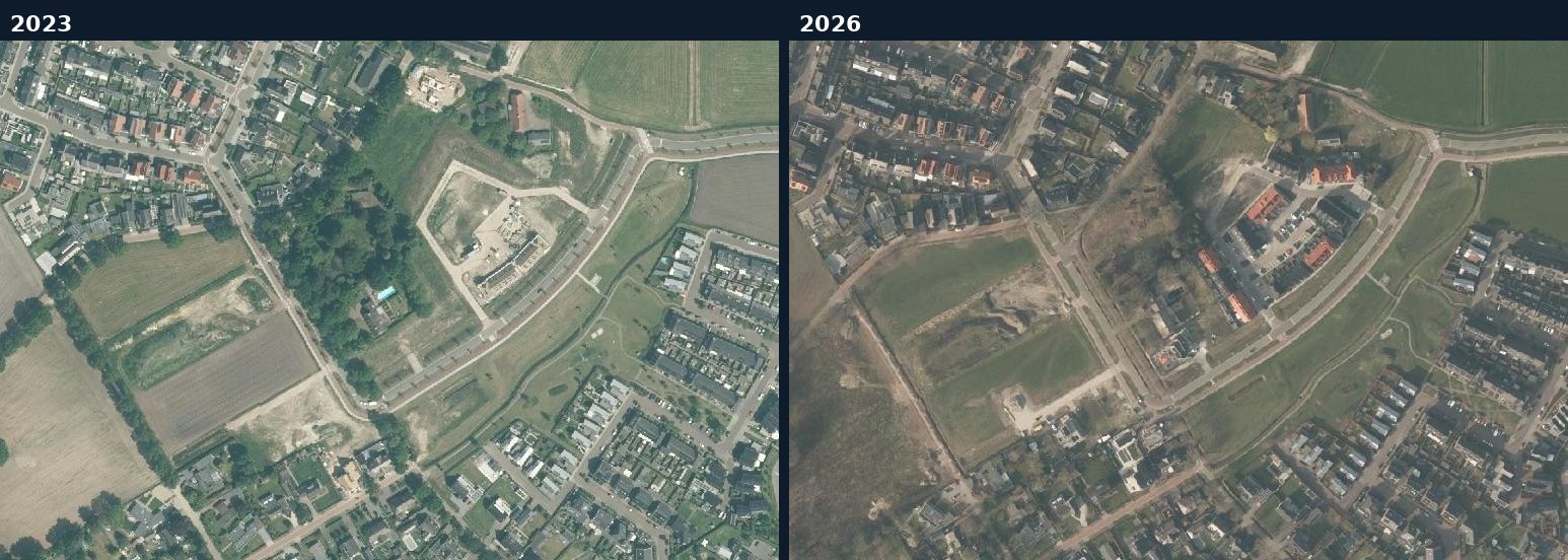 Luchtfoto van een bouwlocatie in Geldrop-Mierlo in 2023 en 2026