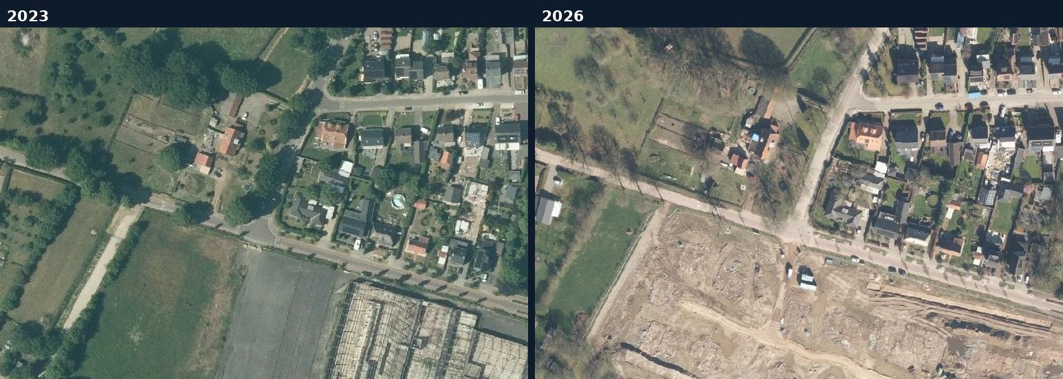 Luchtfoto van een bouwlocatie in Gennep in 2023 en 2026