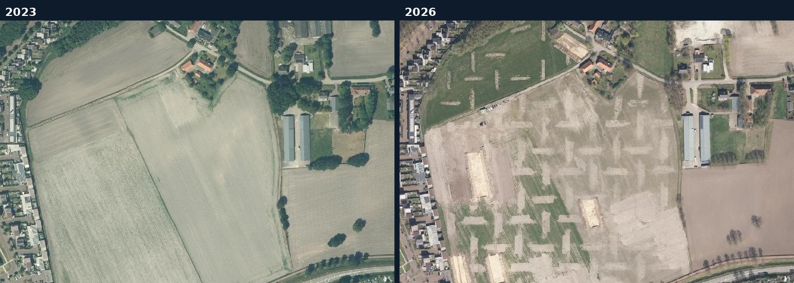Luchtfoto van een bouwlocatie in Goirle in 2023 en 2026