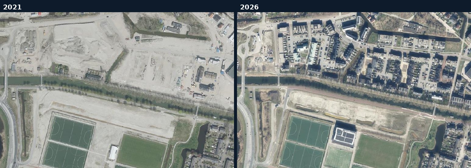 Luchtfoto van een bouwlocatie in Gooise Meren in 2021 en 2026