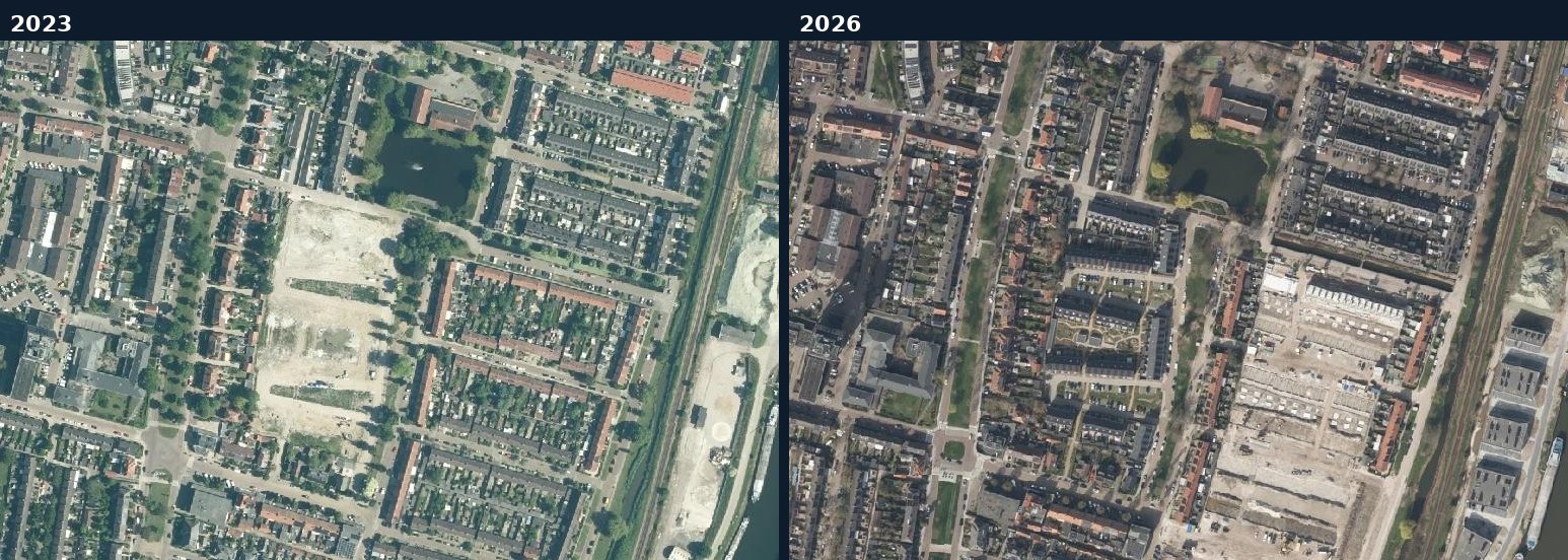Luchtfoto van een bouwlocatie in Gorinchem in 2023 en 2026