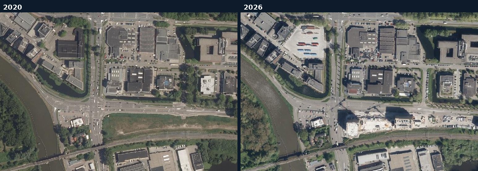 Luchtfoto van een bouwlocatie in Gouda in 2020 en 2026