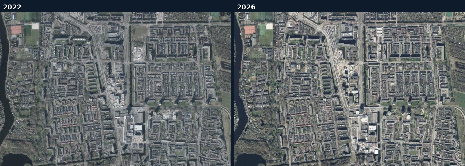 Luchtfoto van een bouwlocatie in Haarlem in 2022 en 2026