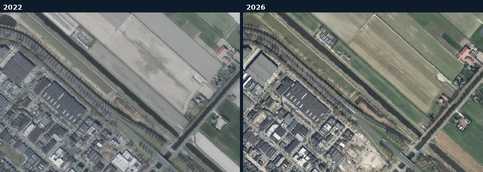 Luchtfoto van een bouwlocatie in Haarlemmermeer in 2022 en 2026