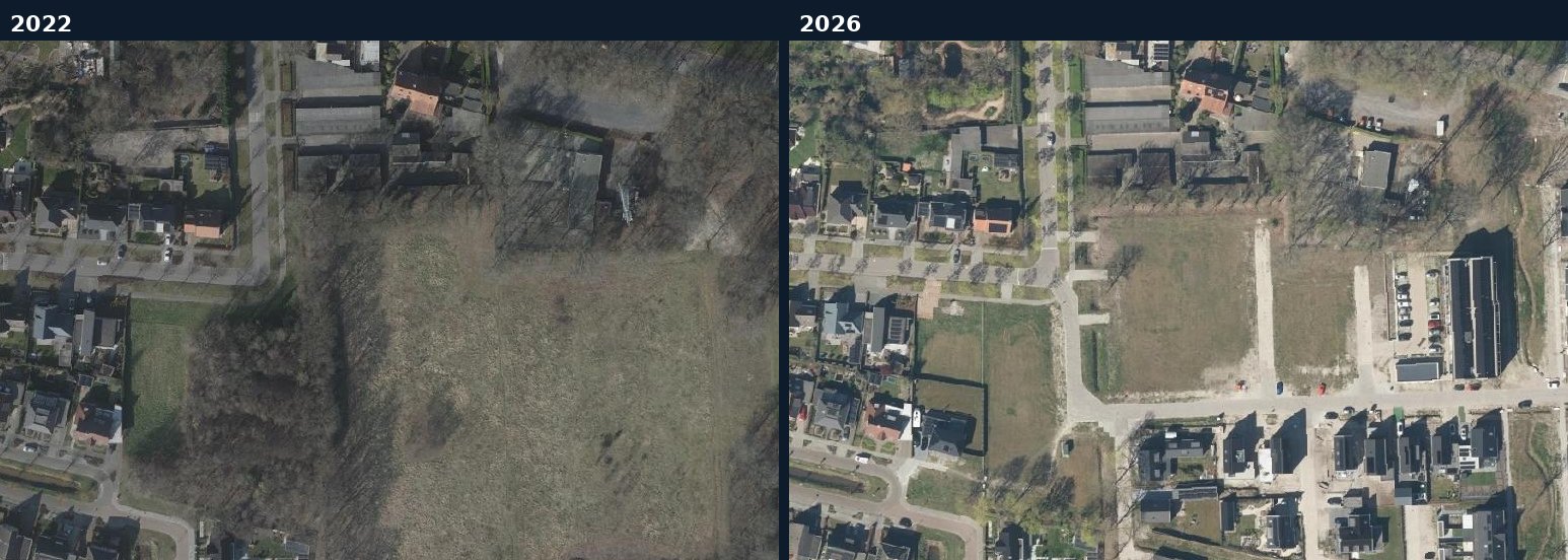 Luchtfoto van een bouwlocatie in Halderberge in 2022 en 2026