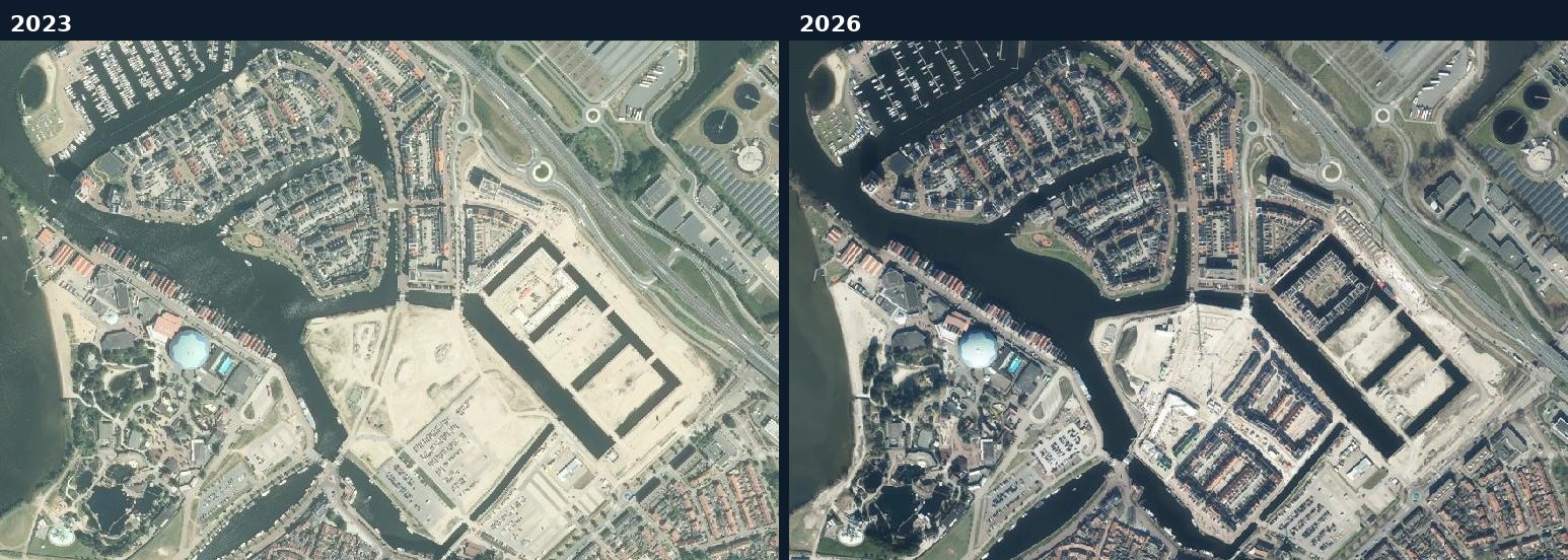 Luchtfoto van een bouwlocatie in Harderwijk in 2023 en 2026