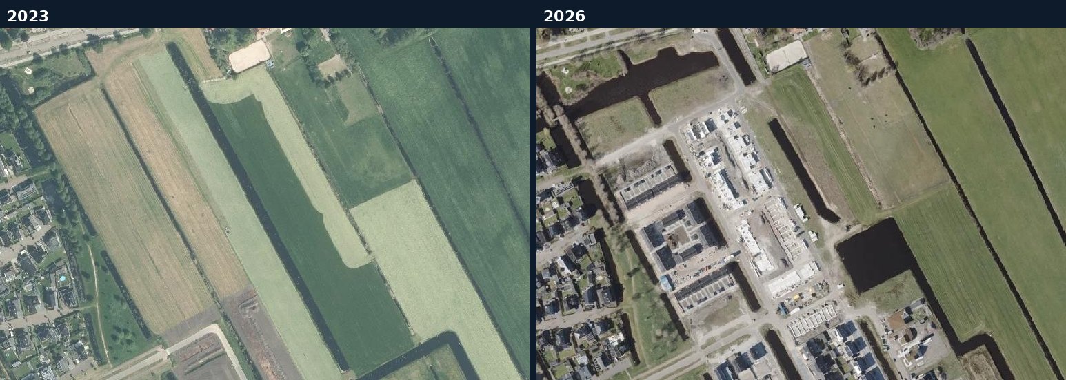 Luchtfoto van een bouwlocatie in Heerenveen in 2023 en 2026