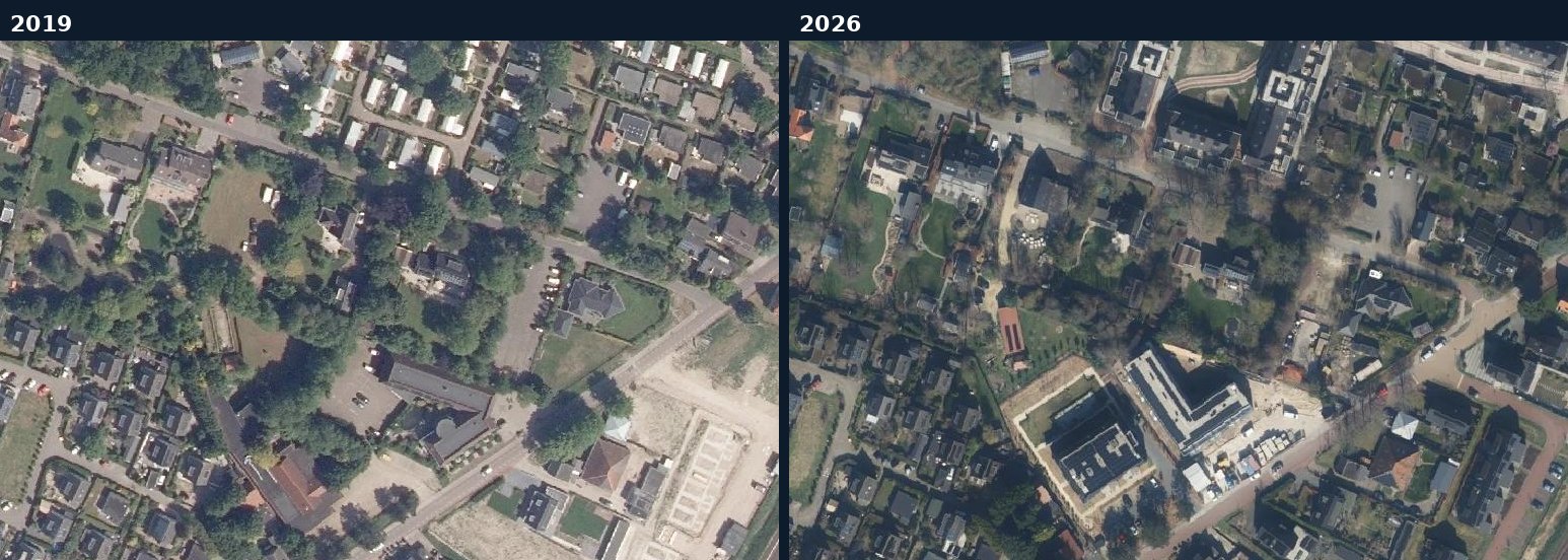 Luchtfoto van een bouwlocatie in Heiloo in 2019 en 2026