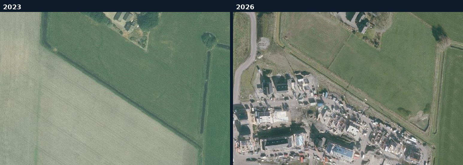 Luchtfoto van een bouwlocatie in Hellendoorn in 2023 en 2026