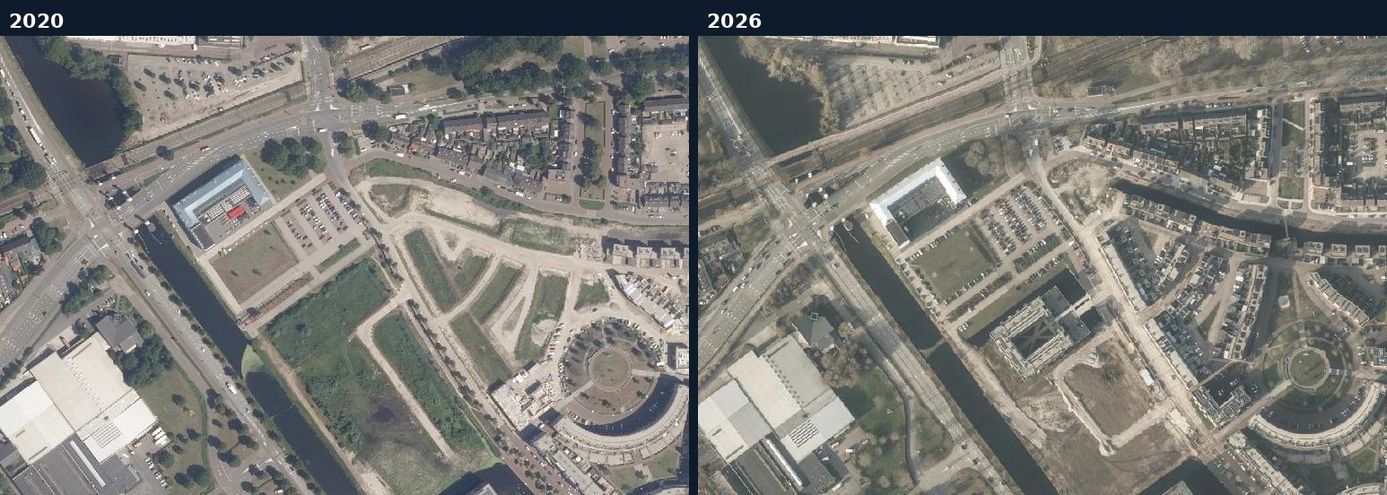 Luchtfoto van een bouwlocatie in Helmond in 2020 en 2026