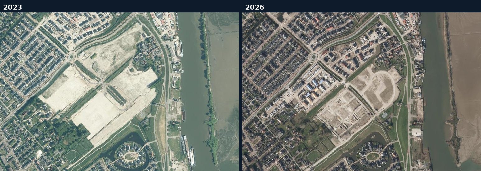 Luchtfoto van een bouwlocatie in Hendrik-Ido-Ambacht in 2023 en 2026