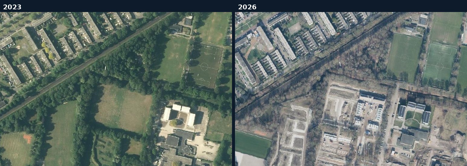 Luchtfoto van een bouwlocatie in Hengelo (O.) in 2023 en 2026