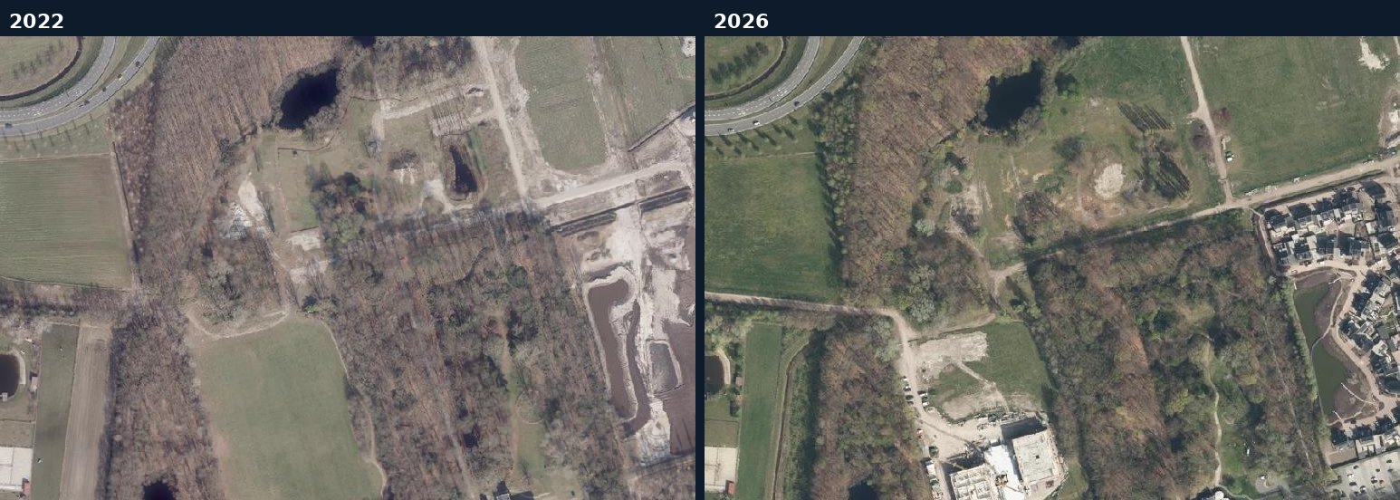 Luchtfoto van een bouwlocatie in Heusden in 2022 en 2026