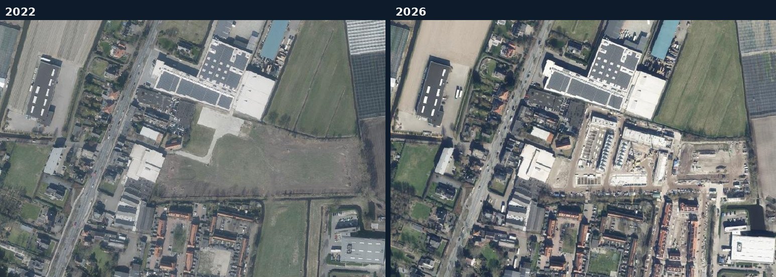 Luchtfoto van een bouwlocatie in Hillegom in 2022 en 2026