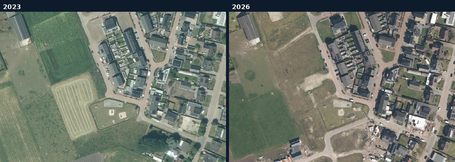 Luchtfoto van een bouwlocatie in Hilvarenbeek in 2023 en 2026