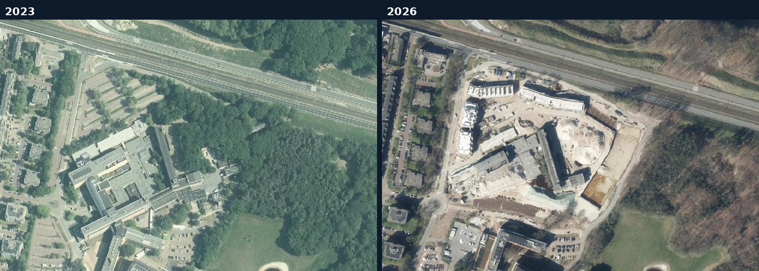 Luchtfoto van een bouwlocatie in Hilversum in 2023 en 2026