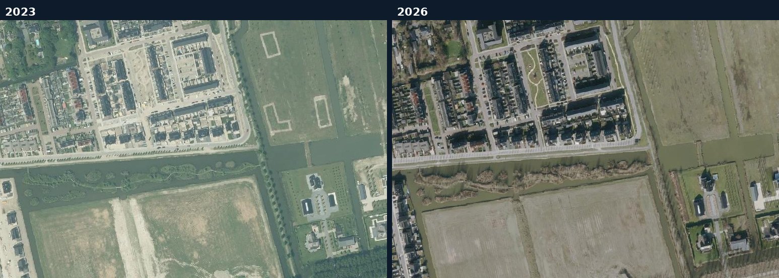 Luchtfoto van een bouwlocatie in Hoeksche Waard in 2023 en 2026