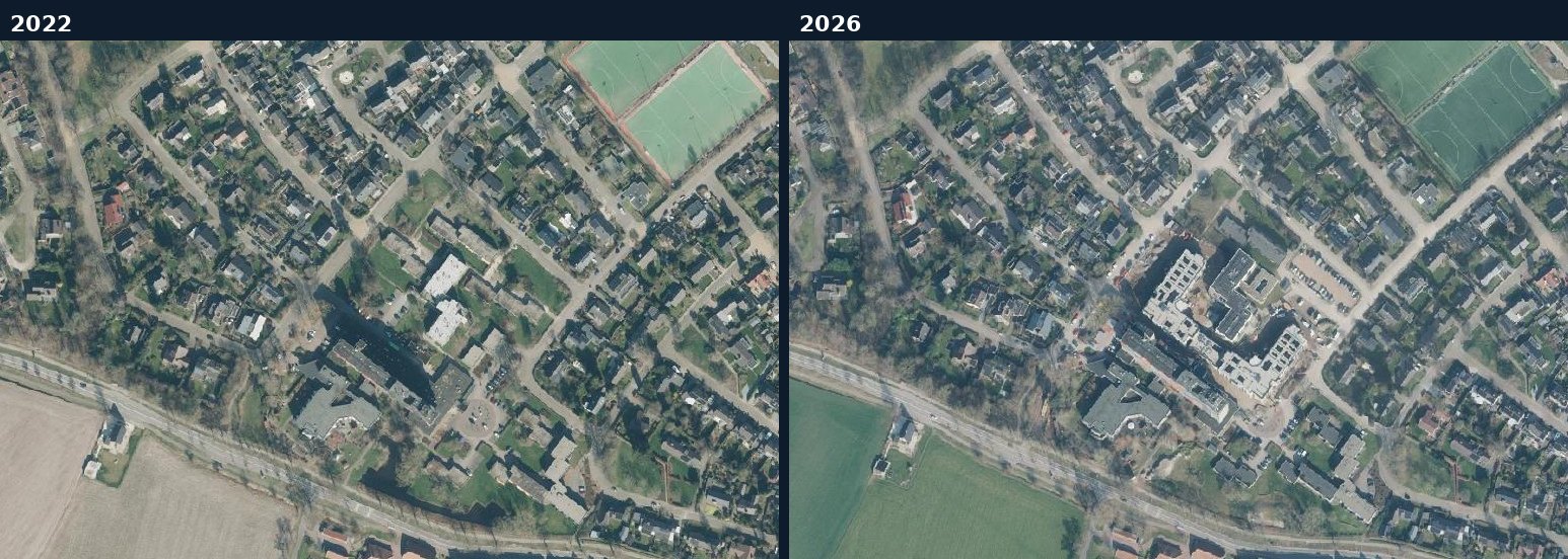 Luchtfoto van een bouwlocatie in Hof van Twente in 2022 en 2026