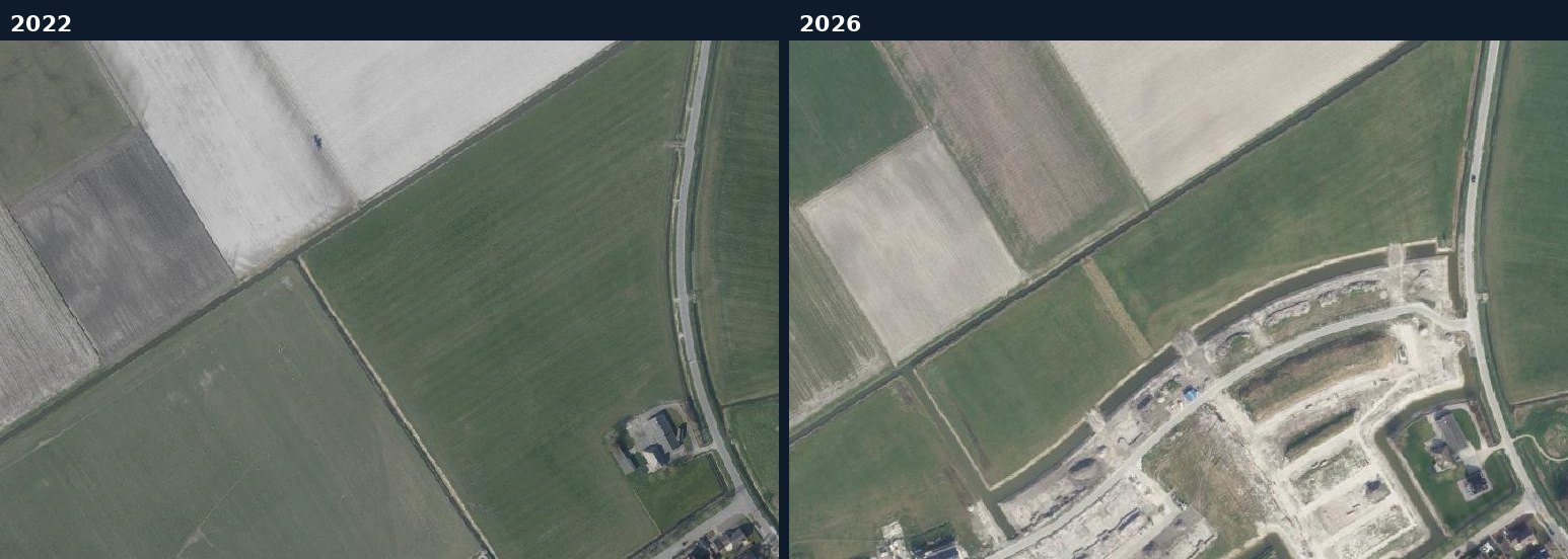 Luchtfoto van een bouwlocatie in Hollands Kroon in 2022 en 2026