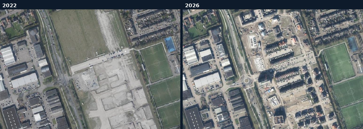 Luchtfoto van een bouwlocatie in Hoorn in 2022 en 2026