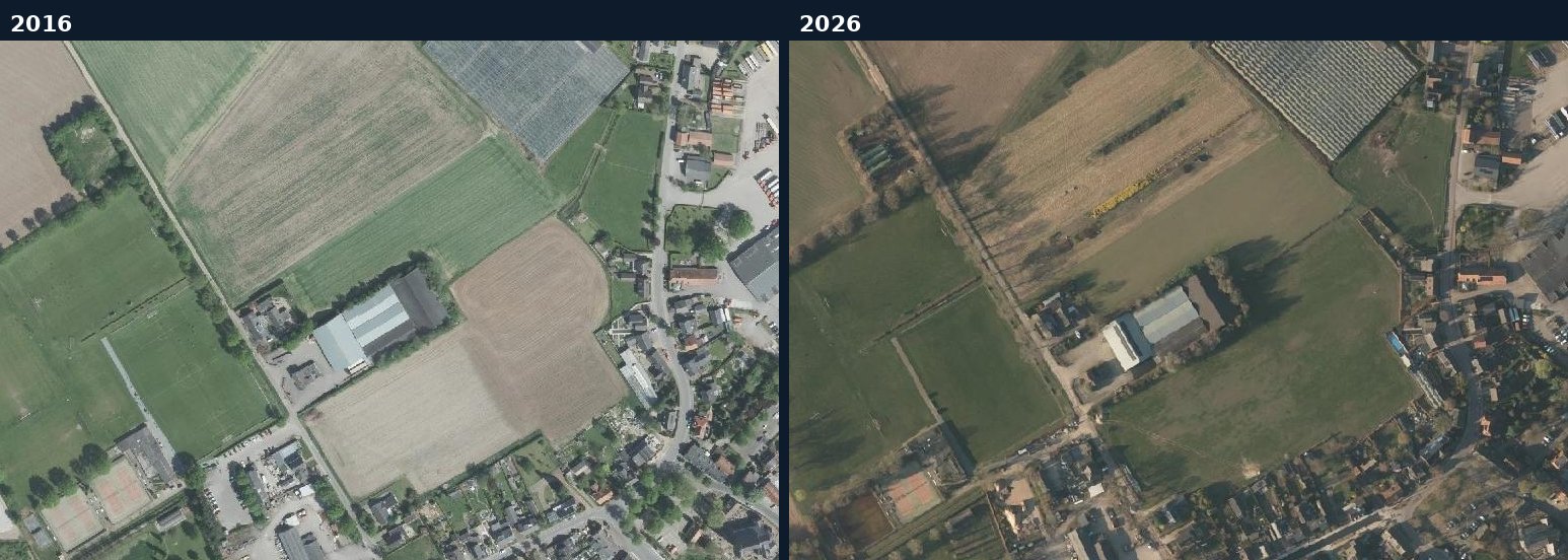 Luchtfoto van een bouwlocatie in Horst aan de Maas in 2016 en 2026
