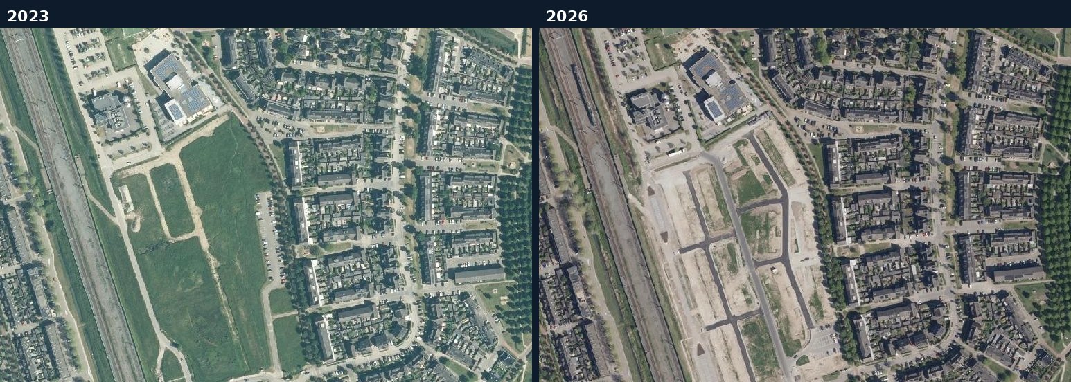 Luchtfoto van een bouwlocatie in Houten in 2023 en 2026