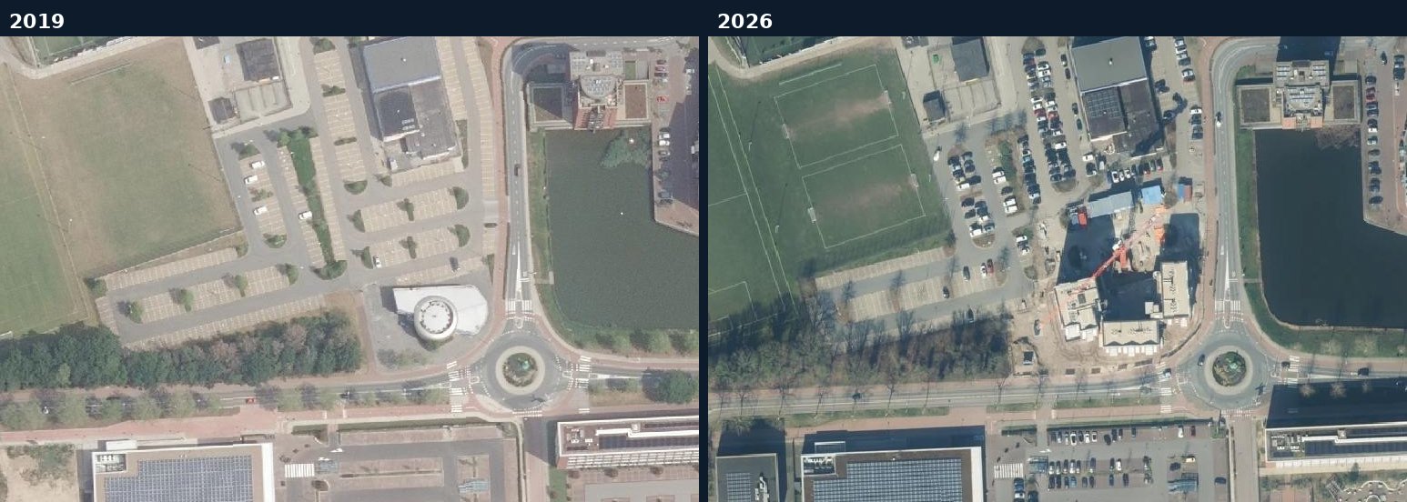 Luchtfoto van een bouwlocatie in Huizen in 2019 en 2026
