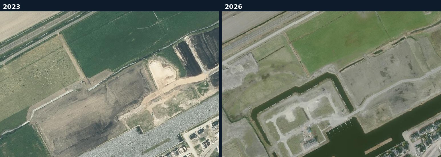 Luchtfoto van een bouwlocatie in Kampen in 2023 en 2026