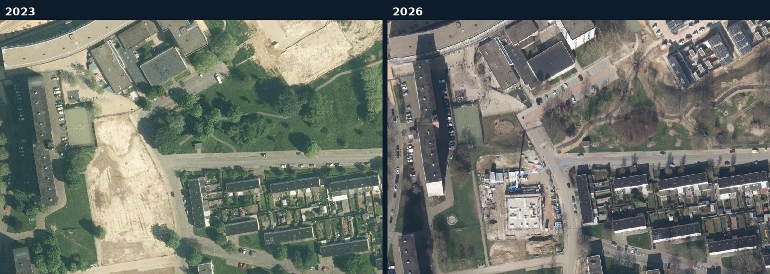 Luchtfoto van een bouwlocatie in Kerkrade in 2023 en 2026