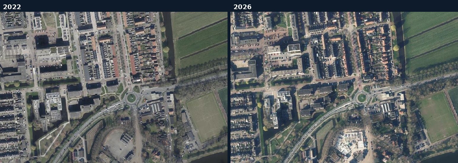 Luchtfoto van een bouwlocatie in Krimpenerwaard in 2022 en 2026