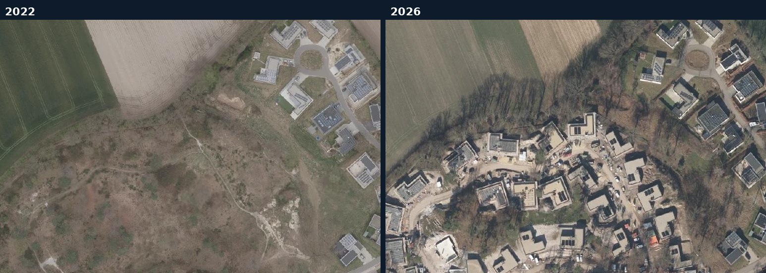 Luchtfoto van een bouwlocatie in Landgraaf in 2022 en 2026