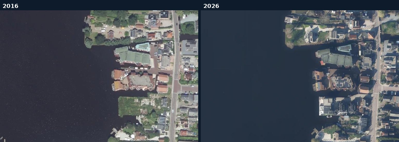 Luchtfoto van een bouwlocatie in Landsmeer in 2016 en 2026