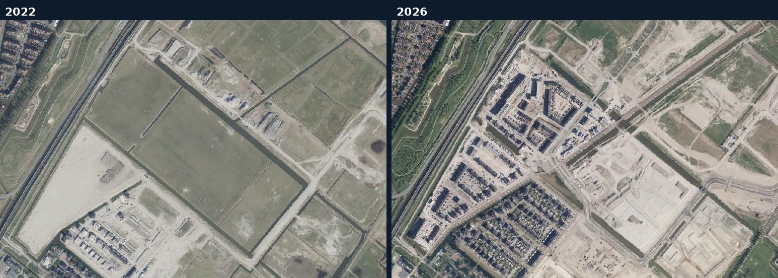 Luchtfoto van een bouwlocatie in Lansingerland in 2022 en 2026