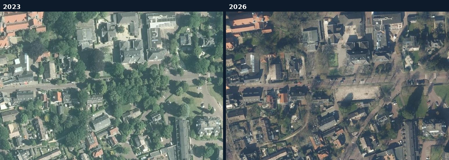 Luchtfoto van een bouwlocatie in Laren (NH.) in 2023 en 2026