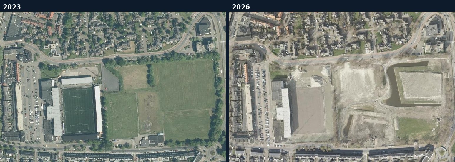 Luchtfoto van een bouwlocatie in Leeuwarden in 2023 en 2026