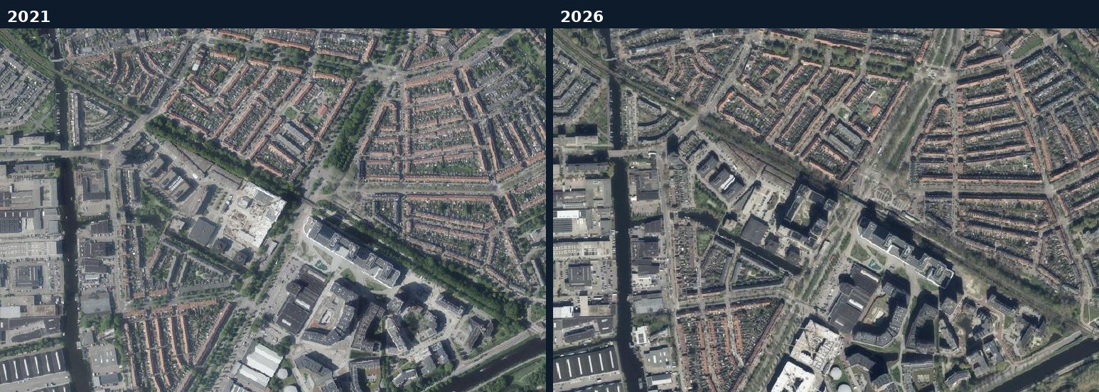 Luchtfoto van een bouwlocatie in Leiden in 2021 en 2026
