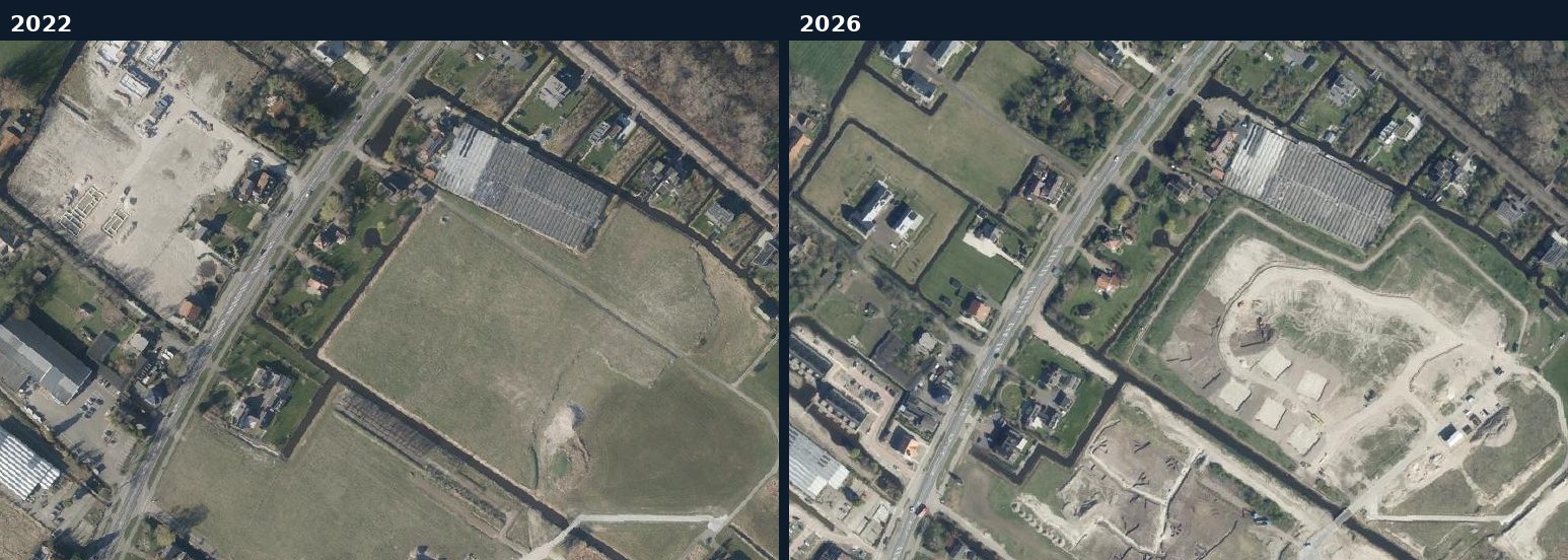 Luchtfoto van een bouwlocatie in Leidschendam-Voorburg in 2022 en 2026
