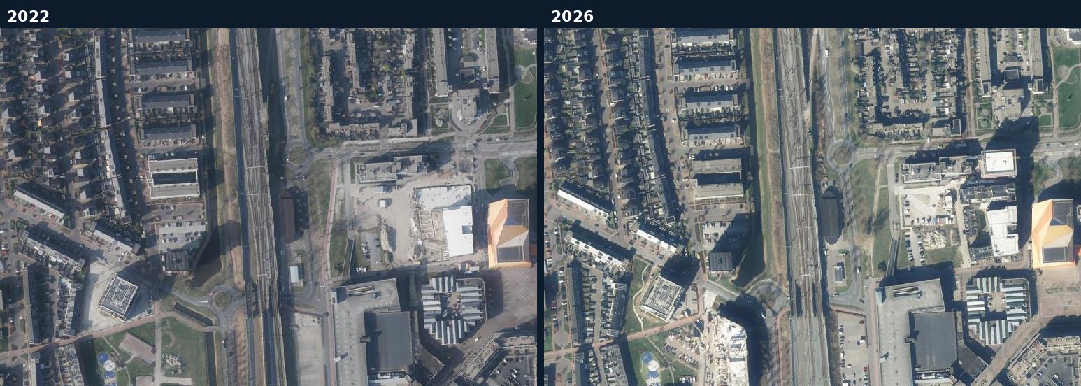 Luchtfoto van een bouwlocatie in Lelystad in 2022 en 2026