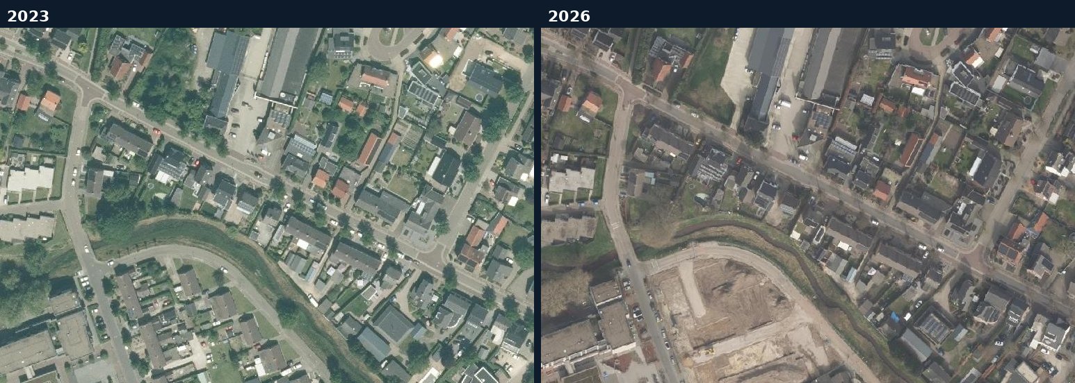 Luchtfoto van een bouwlocatie in Leudal in 2023 en 2026