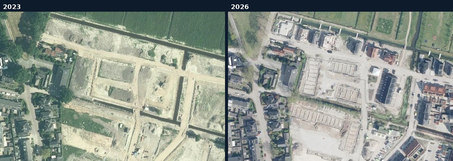 Luchtfoto van een bouwlocatie in Leusden in 2023 en 2026