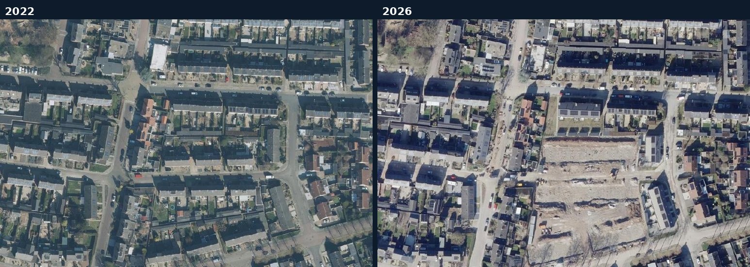 Luchtfoto van een bouwlocatie in Lingewaard in 2022 en 2026