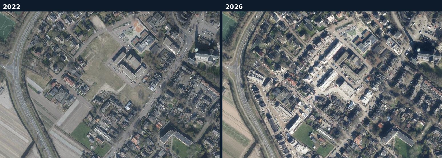 Luchtfoto van een bouwlocatie in Lisse in 2022 en 2026