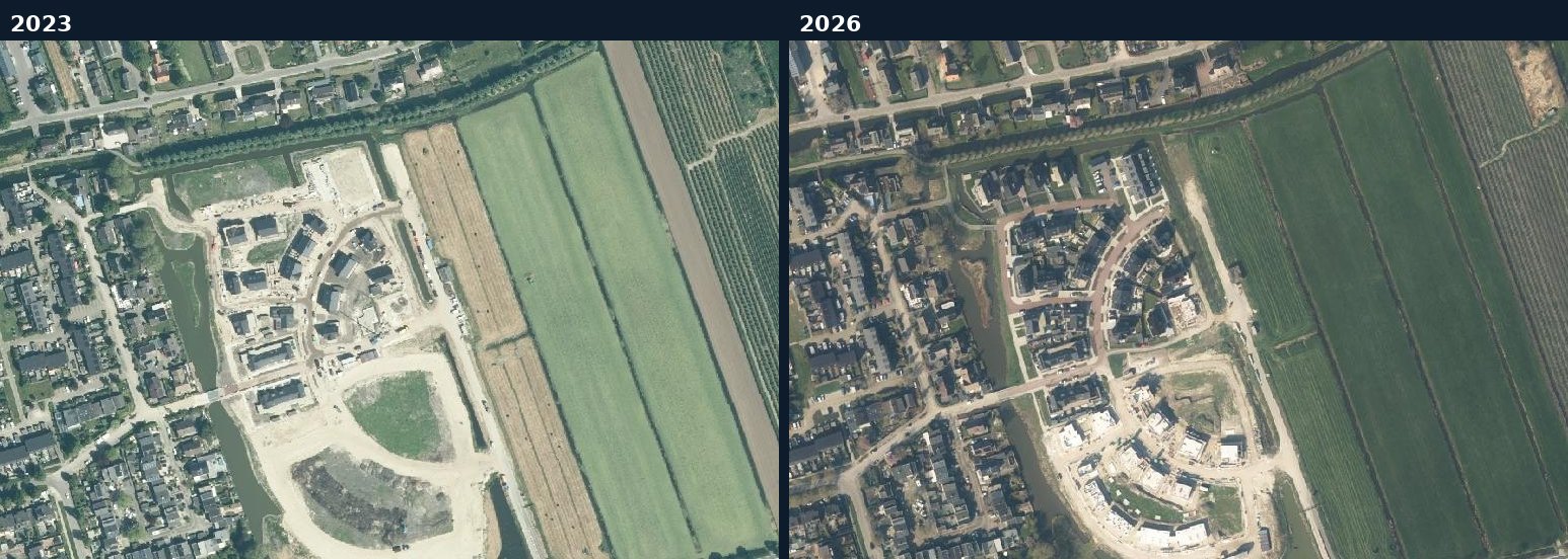 Luchtfoto van een bouwlocatie in Lopik in 2023 en 2026