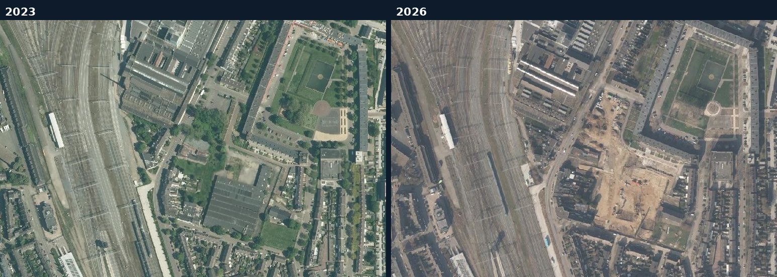 Luchtfoto van een bouwlocatie in Maastricht in 2023 en 2026
