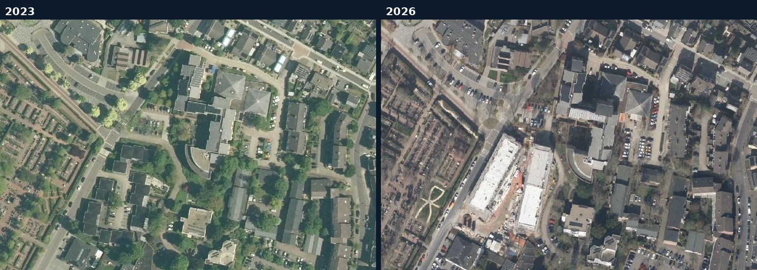 Luchtfoto van een bouwlocatie in Meerssen in 2023 en 2026