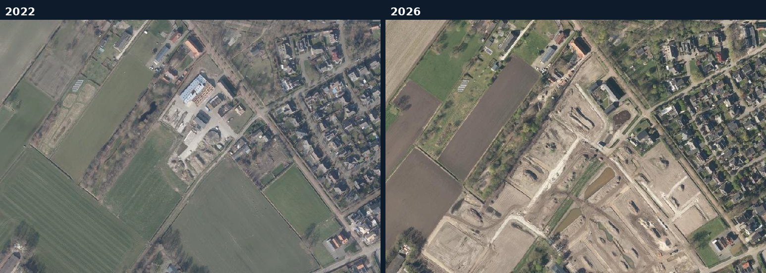 Luchtfoto van een bouwlocatie in Meierijstad in 2022 en 2026