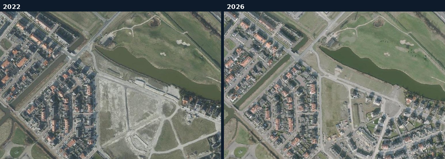 Luchtfoto van een bouwlocatie in Middelburg (Z.) in 2022 en 2026