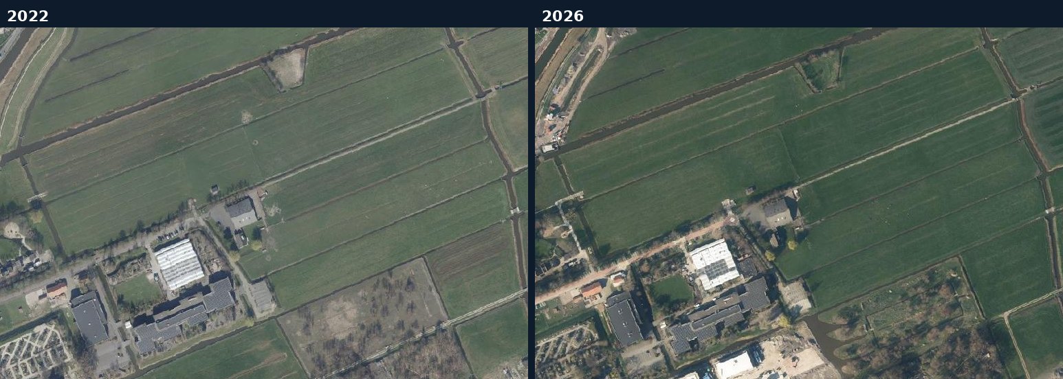 Luchtfoto van een bouwlocatie in Midden-Delfland in 2022 en 2026
